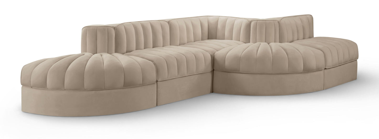 Rummi - Rounded Velvet Performance Fabric Upholstered 5 Piece Modular Sectional