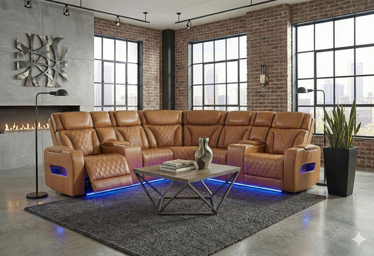 U8611 - Sectional With Power Headrest, Continuous LED And Speaker - Brown