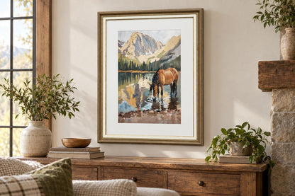 Alpine Watering II - 24 X 32 - Framed Print Under Glass - Brown, Green, Blue, Cream, Gray, White Mat, Brown Frame, Gold-Tone Frame Accents