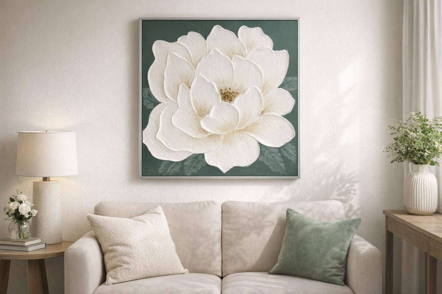 Ivory Bloom II Hand-Painted Canvas In Frame - Green / White