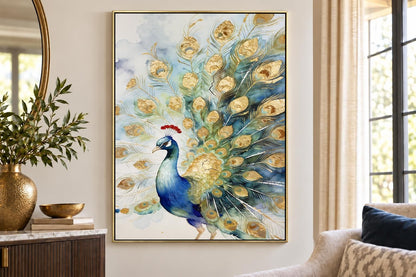 Peacock Promenade - 30 X 39 - Hand-Embellished Canvas In Frame - Blue