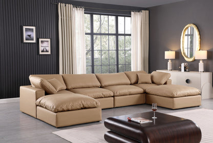 Comfy - 6 Piece Faux Leather Modular Double Chaise Sectional - Tan