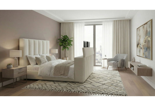 Serenity - Queen Bed With Speaker, TV Lift, Fireplace - Cream