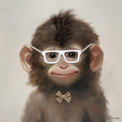 Whimsical Bowtie Primate - 25" x 25" Framed Wall Art - Dark Brown