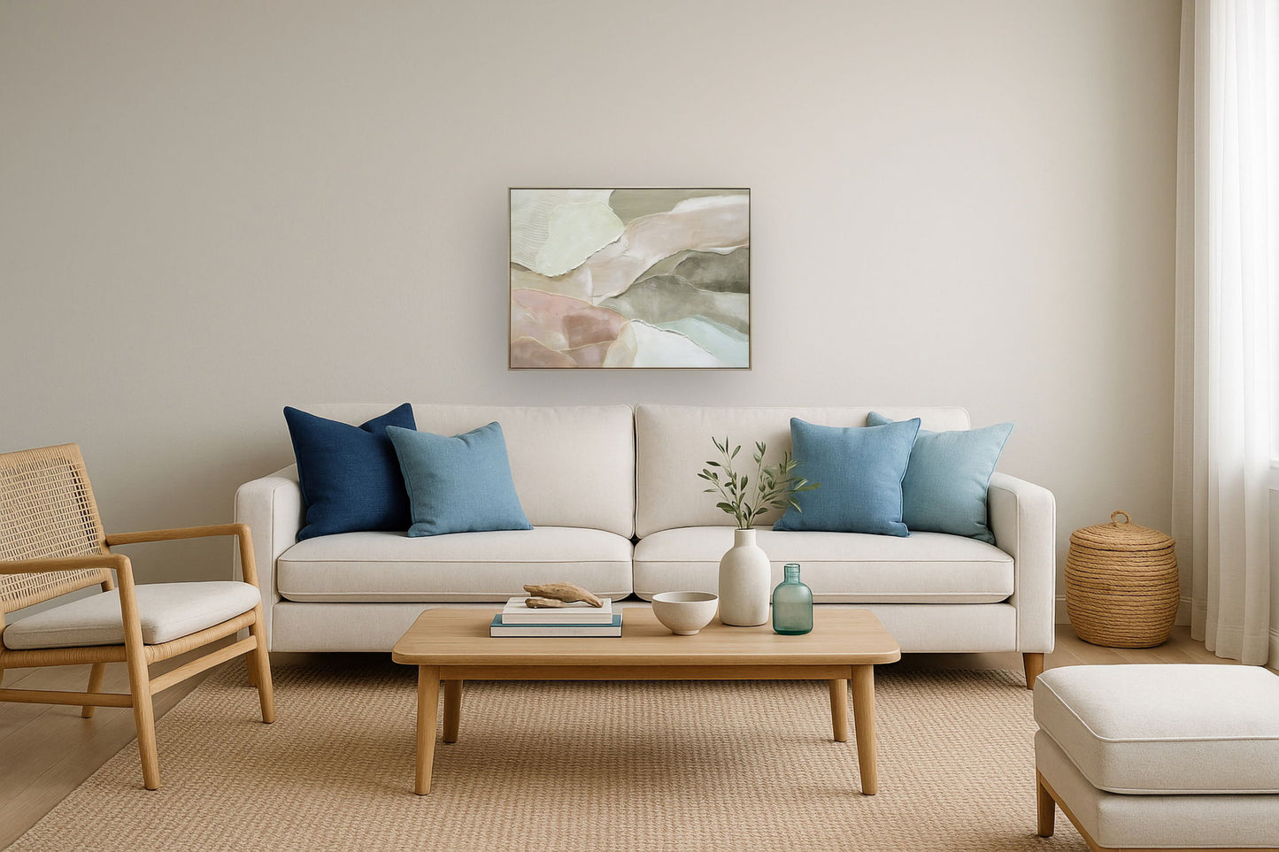 "Ethereal Layers" Hand-Embellished Canvas In Frame - Soft White / Muted Green / Taupe