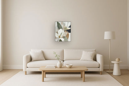 "Magnolia Serenity II" Hand-Embellished Canvas In Frame - Black / Earthy Tones / White