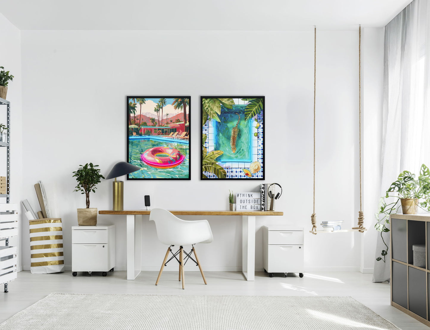 Poolside Escape Hand-Embellished LED Canvas In Frame - Green / Pink