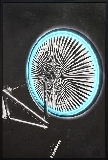 Chromatic Spokes - 32 X 48 - Hand-Embellished Color Changing Neon Canvas - Black