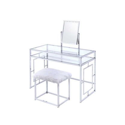 Carenze II - Vanity Set - White Faux Fur & Chrome