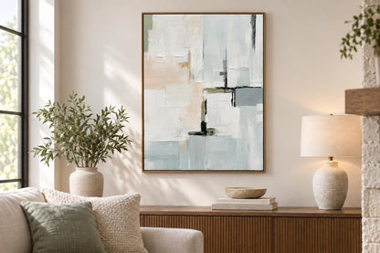 Quiet Intervals II - 35 X 47 - Hand-Painted Canvas In Frame - Ivory, Pale Blue, Beige, Gray, Black, Muted Green