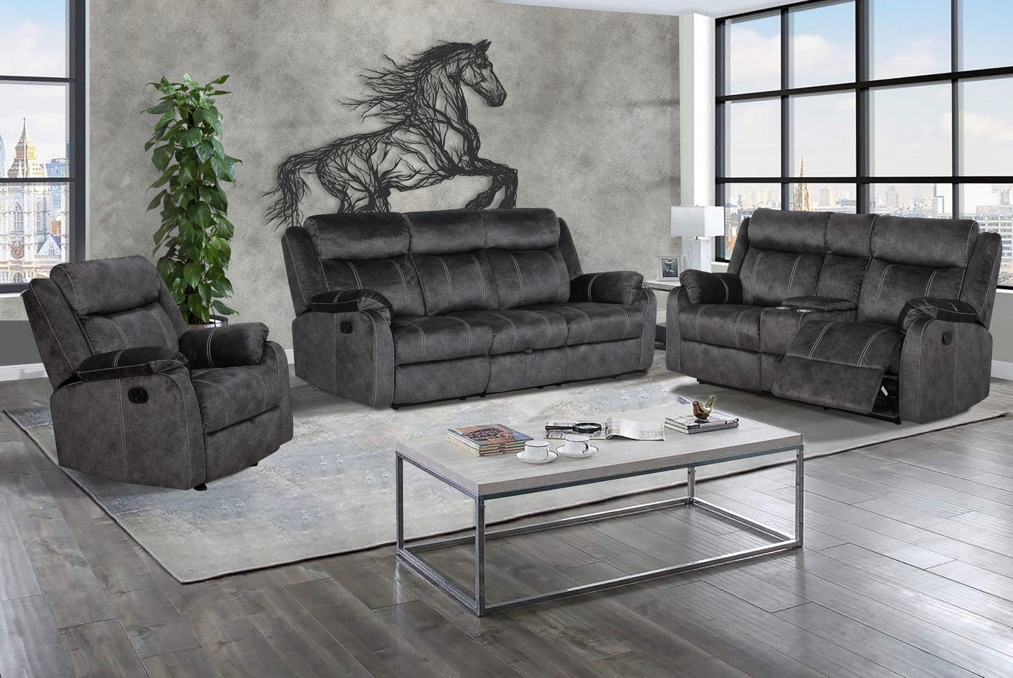 U7303 - 3 Piece Living Room Set (Recliner Sofa / Console Power Recliner Loveseat / Glider Recliner) - Granite