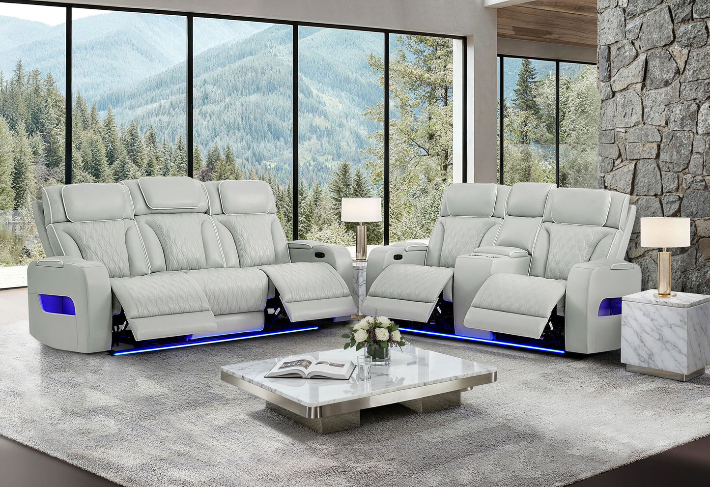 U8611 - 2 Piece Living Room Set (Power Reclining Sofa With Power Headrest And LED / Power Console Reclining Loveseat With Power Headrest, LED And Speaker) - Silver