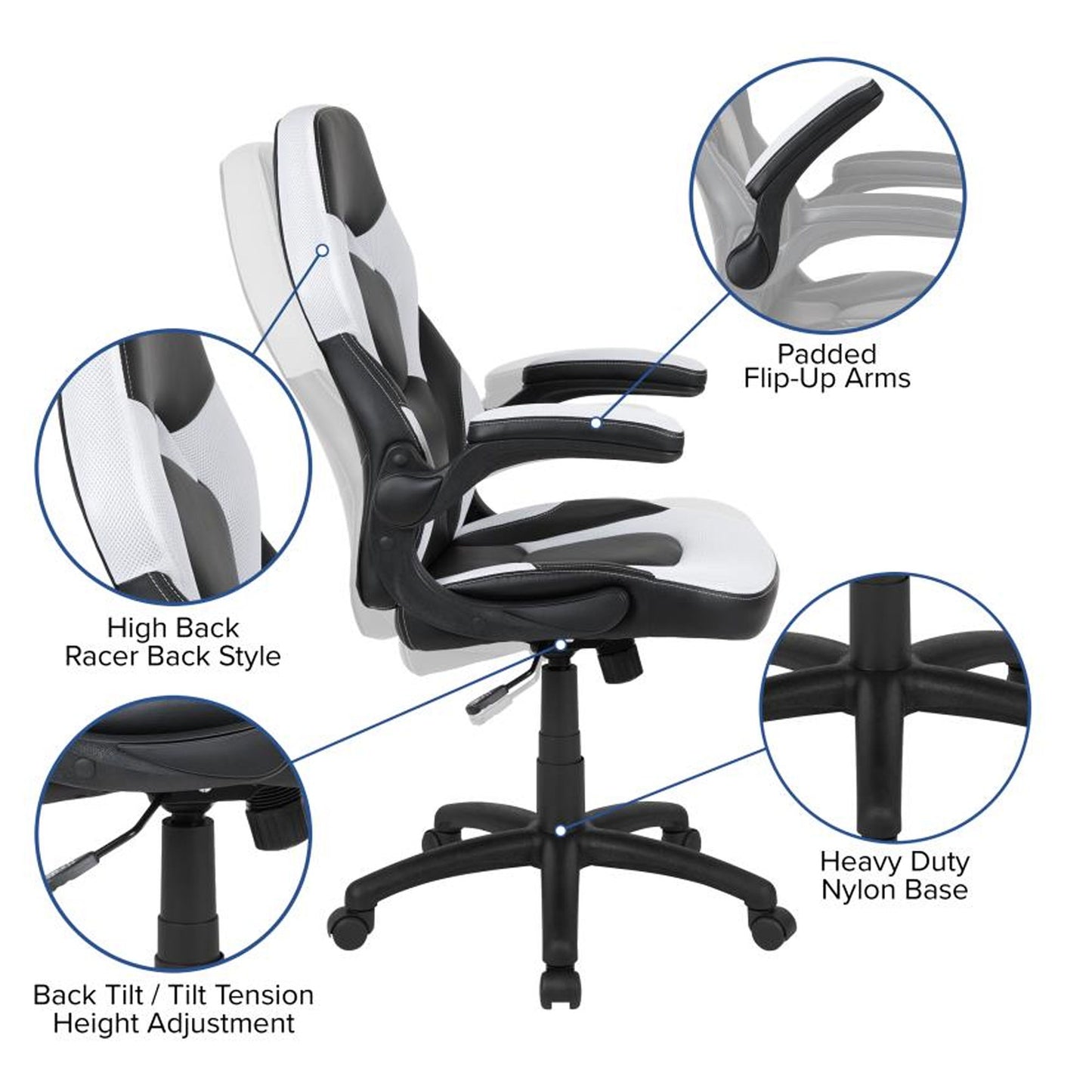 Flash Furniture - 2 Piece Ergonomic Racing Style Gaming - White / Black