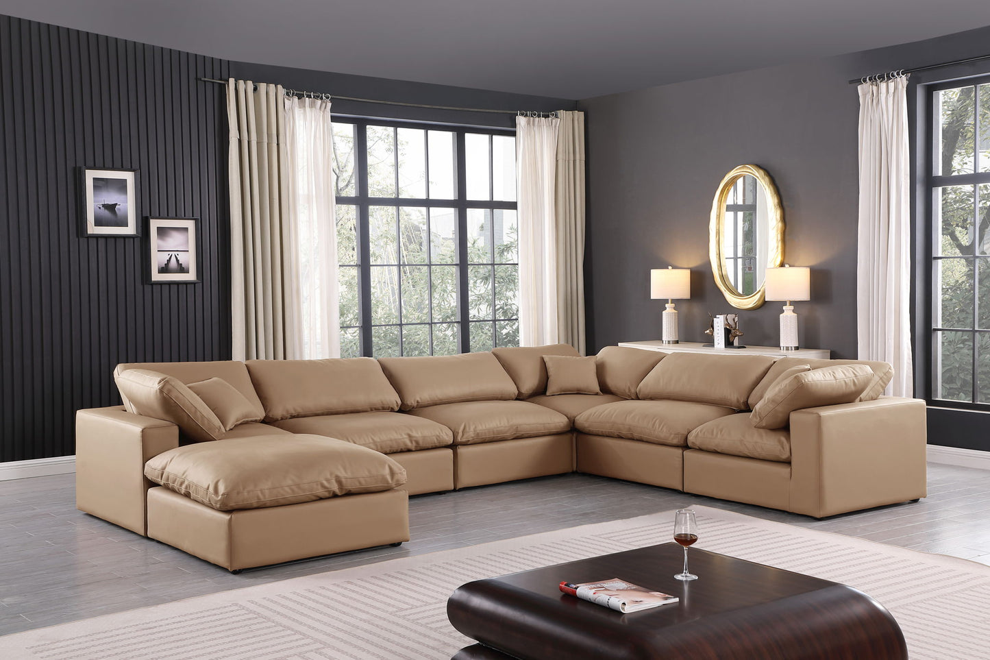 Comfy - 7 Piece Faux Leather Modular Sectional With Chaise - Tan