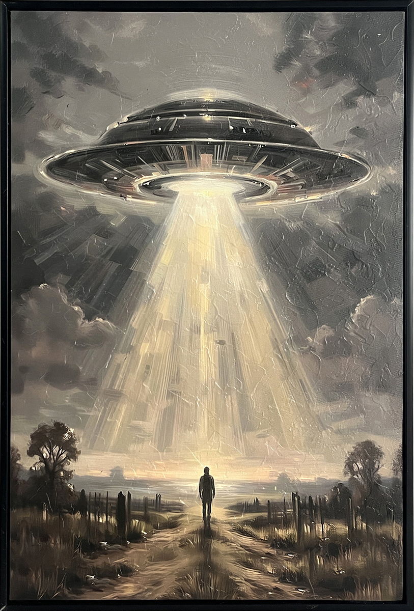 Celestial Arrival Textured Canvas In Frame - Black / Gray