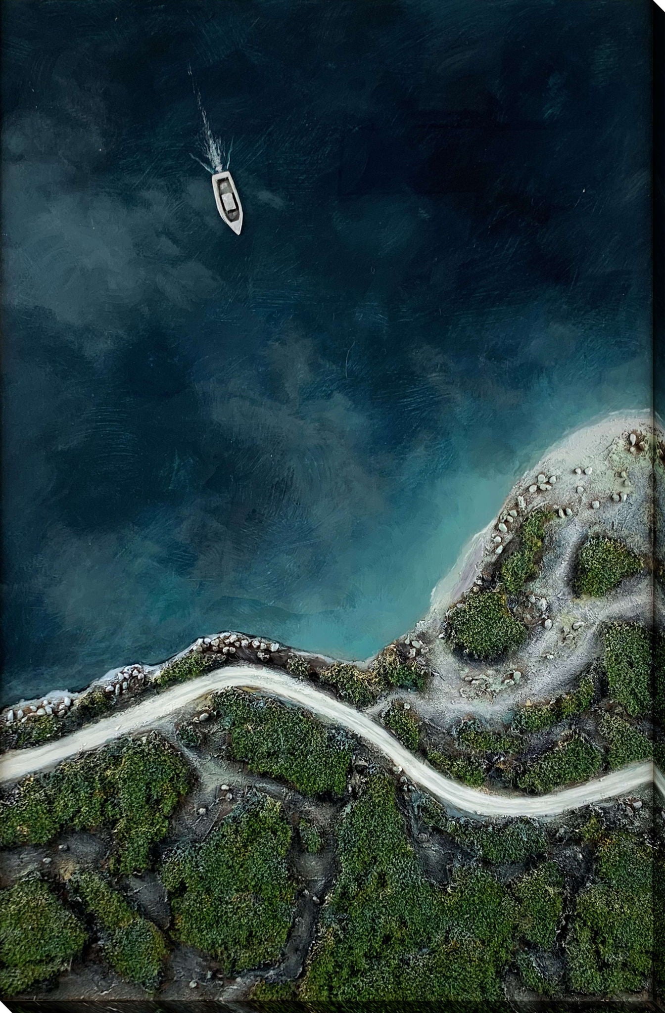 Coastal Passage I Hand-Painted Wrapped Canvas With Faux Moss - Blue / Green