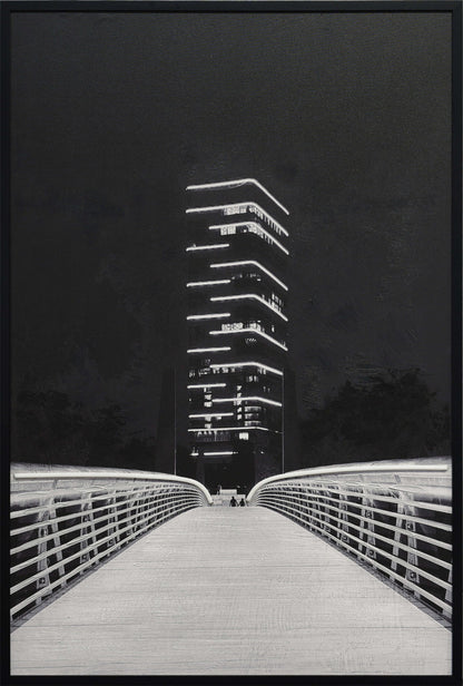 Electric Promenade - 32 X 48 - Hand-Embellished Color Changing Neon Canva - Black