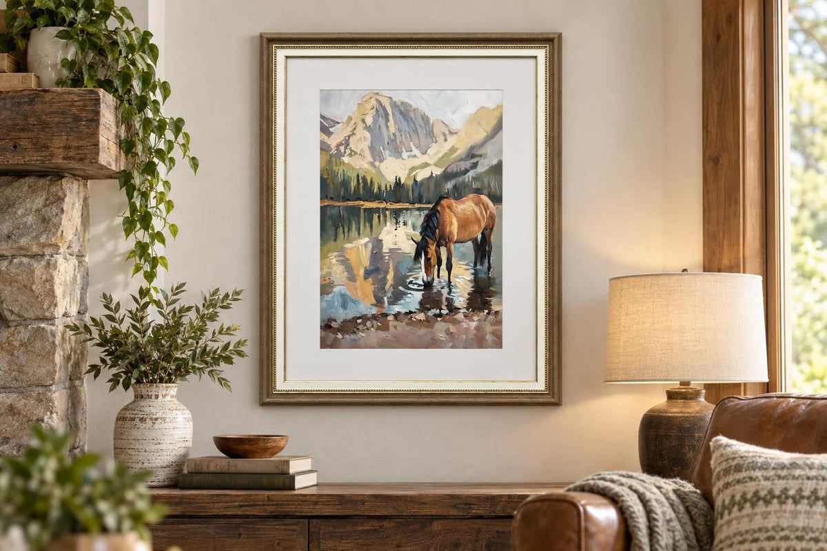 Alpine Watering II - 24 X 32 - Framed Print Under Glass - Brown, Green, Blue, Cream, Gray, White Mat, Brown Frame, Gold-Tone Frame Accents