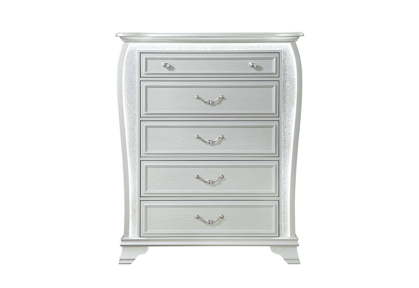 Aria - 5 Piece King Bedroom Set (Bed, Dresser & Mirror, Nightstand, Chest) - Silver