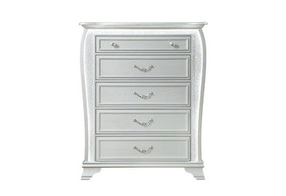 Aria - 5 Piece King Bedroom Set (Bed, Dresser & Mirror, Nightstand, Chest) - Silver