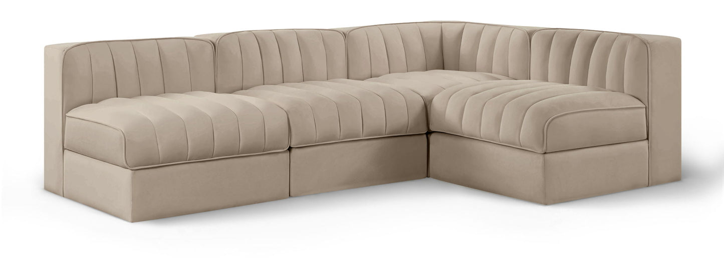 Rummi - Armless Velvet Performance Fabric Upholstered 4 Piece Modular Sectional