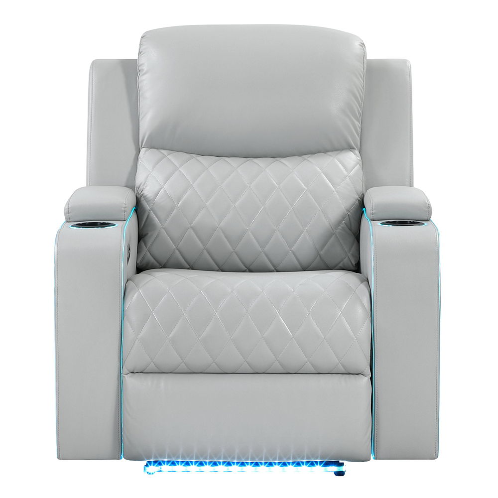 Elonzo - Power Motion Recliner With LED, Power Headrest & Speaker - Light Gray