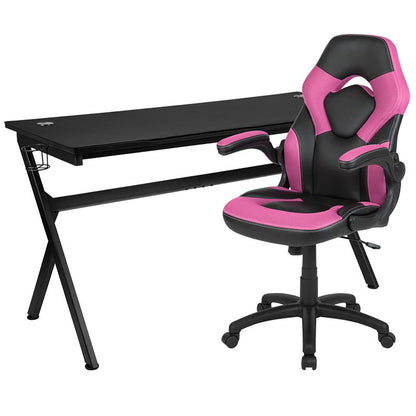 Flash Furniture - 2 Piece Racing Style Gaming Chair And Extra Large Desk Set - Black / Pink