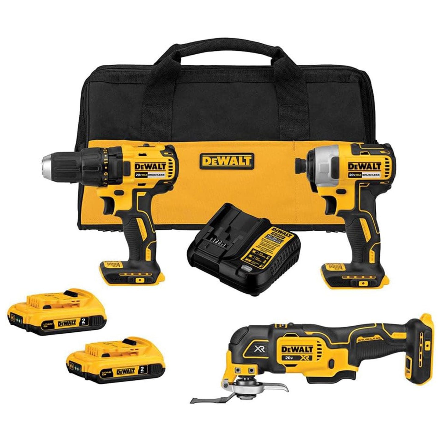 Dewalt - 20V 3 Tool Combo Kit With 2 Batteries & Charger, Bag - Yellow / Black