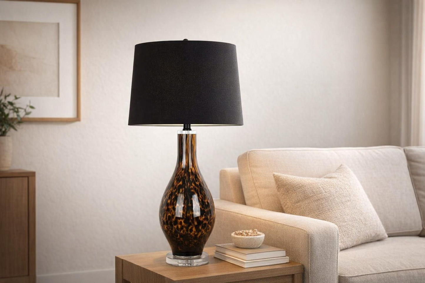 Speckled Glow Art Glass & Crystal Table Lamp (Set of 2) - Black Speckled Amber Art Glass / Clear Crystal