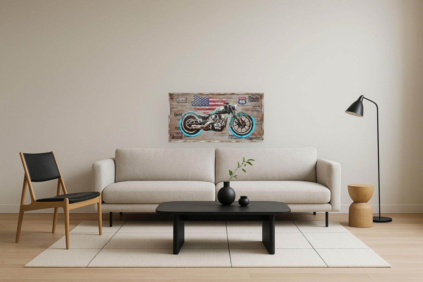 "Route Freedom" Hand-Embellished LED In Frame - Rustic / Neon