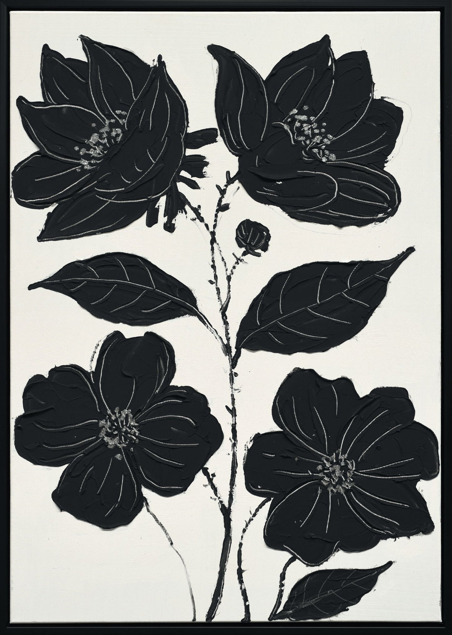 "Nocturnal Blooms I" Hand-Painted Canvas In Frame - Black