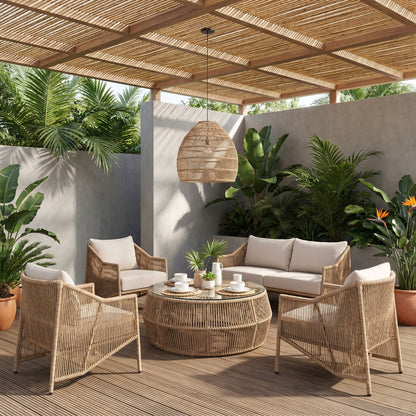 Coastline - Tempered Glass Top And Wicker Outdoor Patio Coffee Table - Natural | Natural