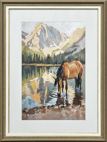 Alpine Watering II - 24 X 32 - Framed Print Under Glass - Brown, Green, Blue, Cream, Gray, White Mat, Brown Frame, Gold-Tone Frame Accents