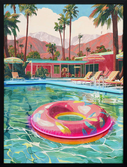 Poolside Escape Hand-Embellished LED Canvas In Frame - Green / Pink