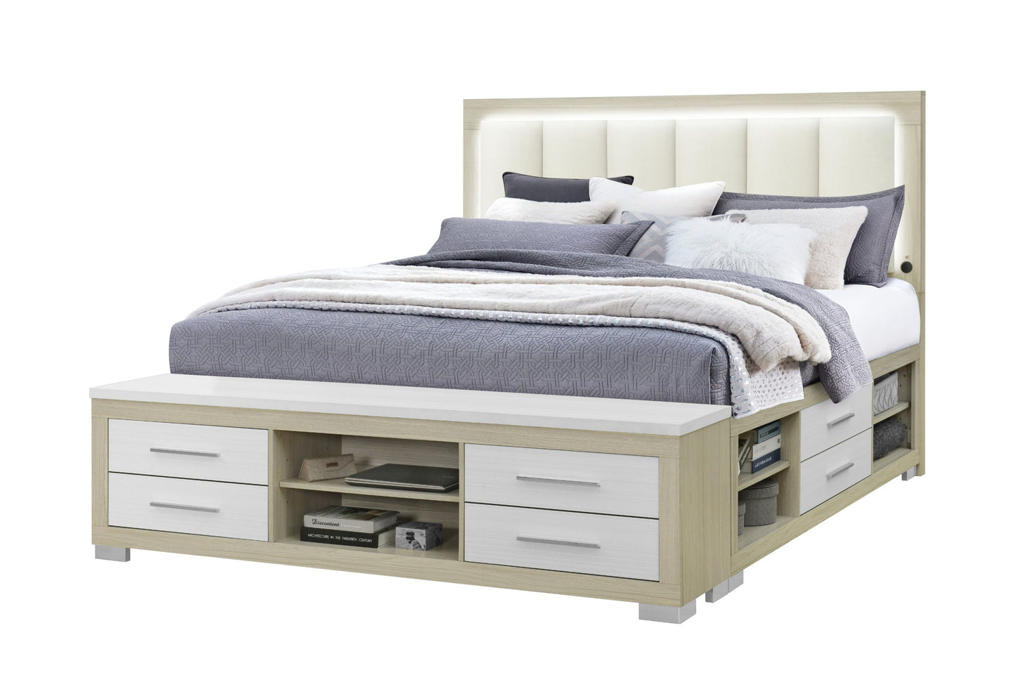 Emma - King Bed With LED And USB - Natural / White