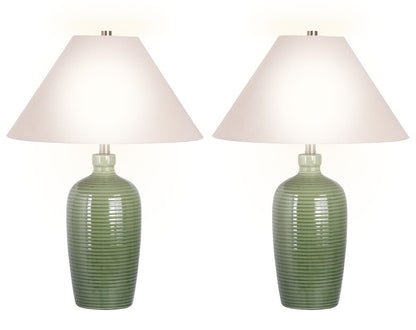 "Verdant Elegance" Ceramic Table Lamp (Set of 2) - Sage Green / Asb