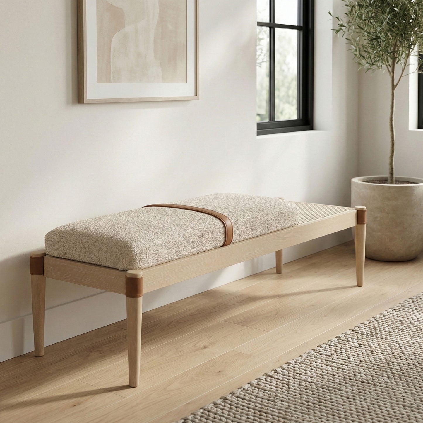 Nara - Linen Textured Fabric Upholstered Bench - Painted Natural