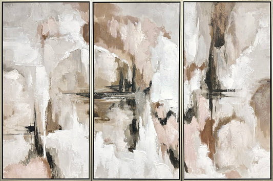 "Ethereal Reflections" Hand-Embellished Canvas Triptych In Frame - Neutral