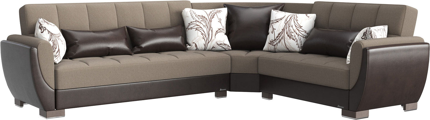 Ottomanson Armada Air - Upholstered Convertible Sectional With Storage - Beige/Brown PU Chenille