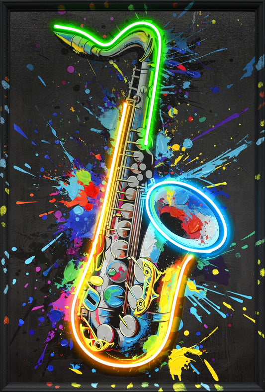 Neon Jazz Splash - 25" x 37" Framed Wall Art - Black
